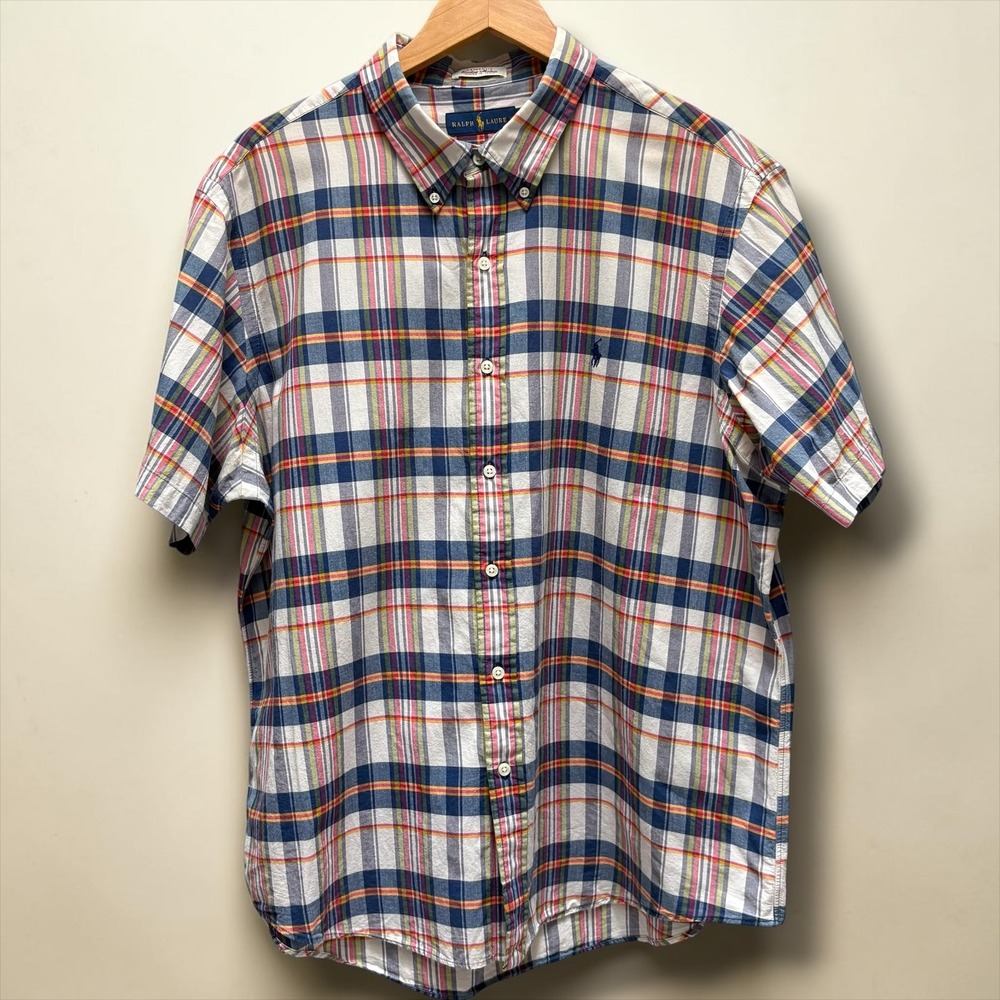 Ralph Lauren Mens XXL Bleeding Madras Plaid Short Sleeve Button Down Shirt Multi